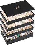 Voova Stackable Jewelry Organizer Tray with Lid, PU Leather Jewelry Storage Holder for Drawer Inserts, Jewellery Display Box Case for Earring Necklace Ring Watch Bracelet (Set of 4, Black)