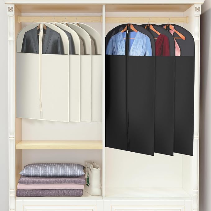 Univivi Suit Bags for Closet Storage, 40" Garment Bags for Hanging Clothes, Garment Bag for Travel and Storage with Large Visible Window for Suit Coat, Jacket, Sweaters (Set of 6), Biege