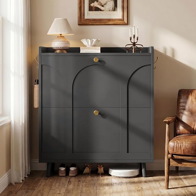 iPormis Shoe Cabinet with 2 Flip Drawers, Slim Shoe Storage Cabinet for Entryway, Narrow Shoe Organizer with Top Shelf, Side Hooks and Metal Legs, Hidden Shoe Rack for Hallway, Black