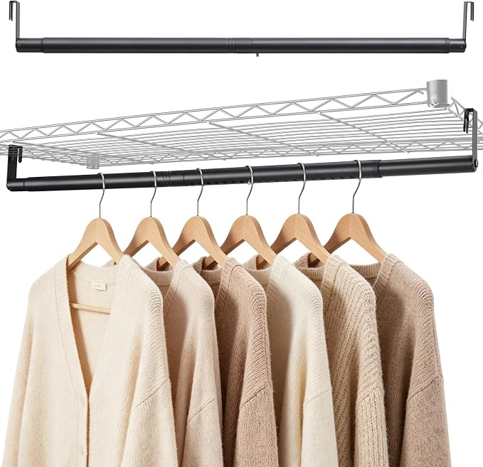 Adjustable Expandable Closet Rod for Wire Shelving, 30-70” Heavy Duty Closet Hanging Rod, Closet Extender Hanging Rod for Wardrobe, Laundry Room, Closet Organization, Black