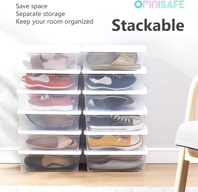 6 Quart Stackable Plastic Storage Shoebox, BPA-Free Nestable Container with Latching Lid to Organize Shoes, See-Through Box for Home and Office, Multi-Purpose Clear Bins (White, 12 Pack)