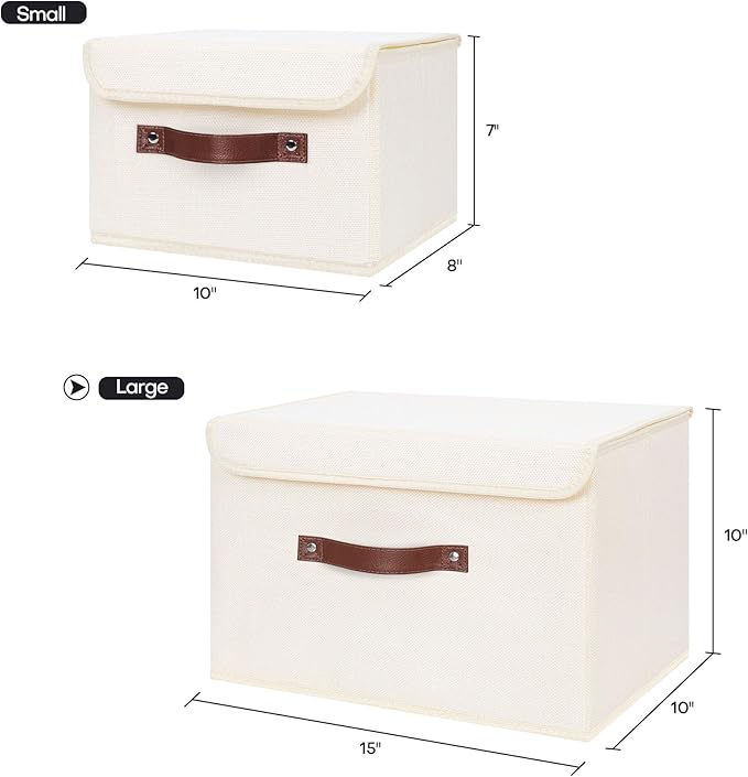ANMINY Storage Bin with Lid Storage Boxes with PU Leather Handles PP Plastic Board Decorative Foldable Lidded Cotton Linen Fabric Home Cubes Baskets Closet Organizer Container - Beige, Large Size