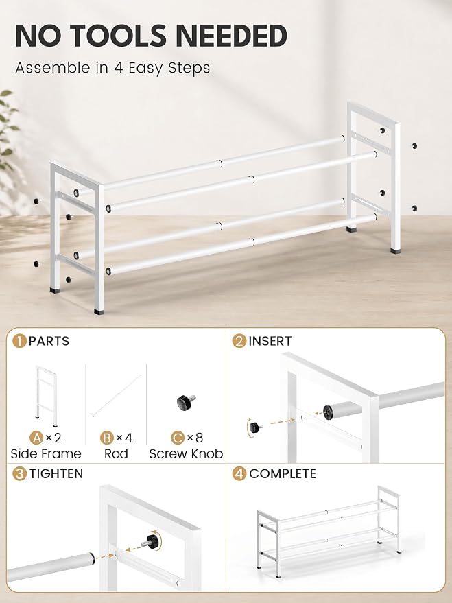 Bumusty 2-Tier Expandable Shoe Rack for Closet, 18“-33” Adjustable Shoe Rack for Small Space, Small Shoe Organizer for Front Door, Sturdy Metal, White
