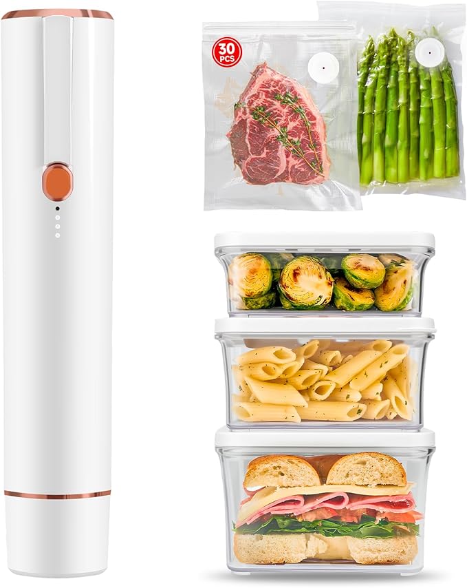Vixino Vacuum Sealer for Food with 30 Reusable Bags & 3 Vacuum Containers | Vacuum Seal Containers Store Liquids, Compact Handheld Vacuum Sealer, Portable for Sous Vide, Camping, Kitchen, Gifts
