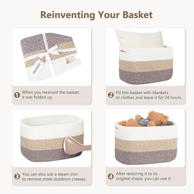 ECDYQXVU 15x10x9" Woven Cotton Rope Storage Basket, Leather Handles 2 Pack | Foldable Design, Sturdy PU Handles, Easy to Clean Organizer for Living Room, Closet, Shelves, Bedroom, Laundry, Clothes