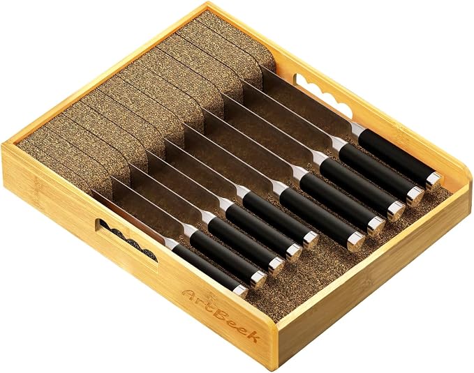 Knife Drawer Organizer Bamboo Insert Dock, 15"L x 12"W x 2.5"H Kitchen Steak Knives Holder Organizers Block for Drawer in Storage Organization (15 X 12 ”)