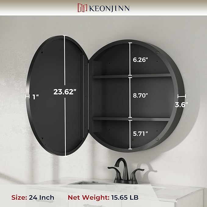Keonjinn 24 x 24 In Round Medicine Cabinets for Bathroom, Black Mirror Surface Mount Medicine Cabinet, Circle Black Medicine Cabinet with Mirror, Adjustable Shelves Framed Bathroom Mirror with Storage