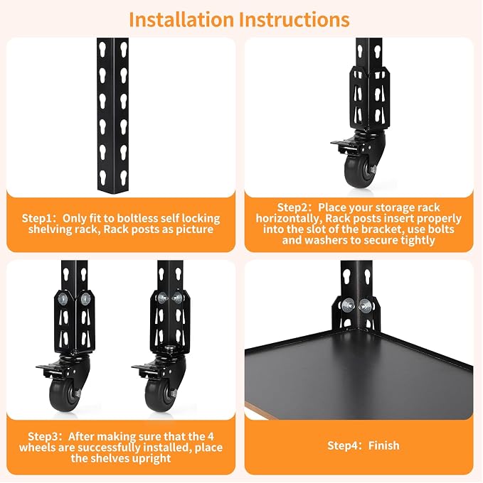 4" Storage Rack Caster Wheels, Fit Boltless Shelving Rack Posts | Heavy-Duty Shelves Casters with Brakes, Storage Shelf Accessories, Total Load Capacity 1000 Lbs, 4 Pcs