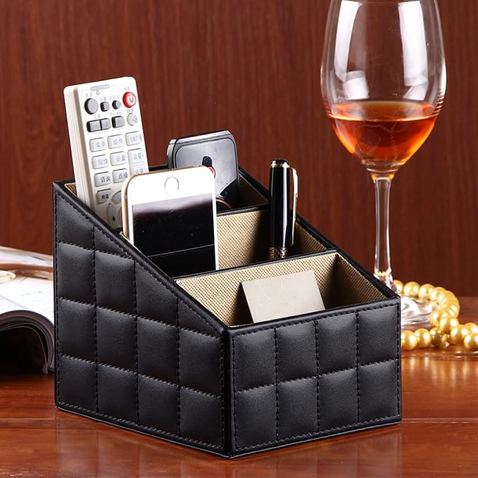Fashionable PU Leather TV Remote Control Holder with 3 Compartments, Storage Rack, Storage Box, Media Accessory Storage, Desk Organizers (Black Grid)