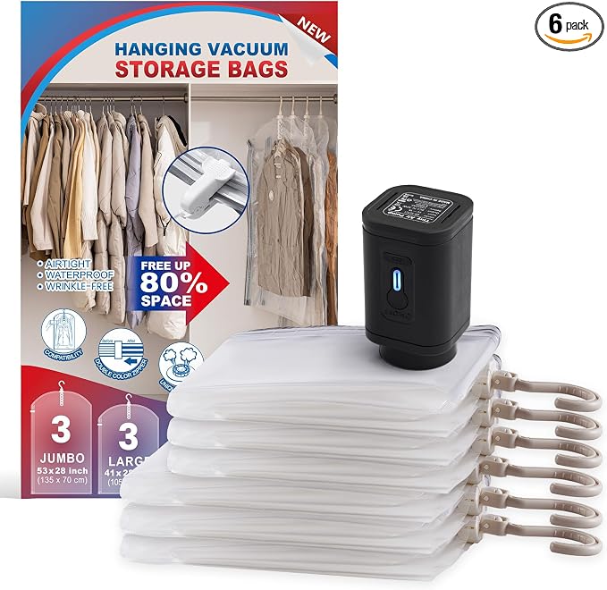 Hanging Vacuum Storage Bags For Clothes with Electric Pump, 6 Pack Large Hanging Space Saver Bags, Vacuum Sealed for Clothing Travel Suits Dress Jackets for Moving Supplies(3 Long, 3 Short)