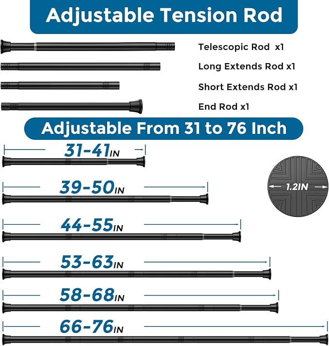 AIZESI No Drilling Tension Curtain Rod 31-76 Inch, 6-in-1 Adjustable Spring Tension Rods for Window, Doorway, Shower & Closet, Renter Friendly Expandable Curtain Rod Non-Slip, 7/8" Diameter, Black