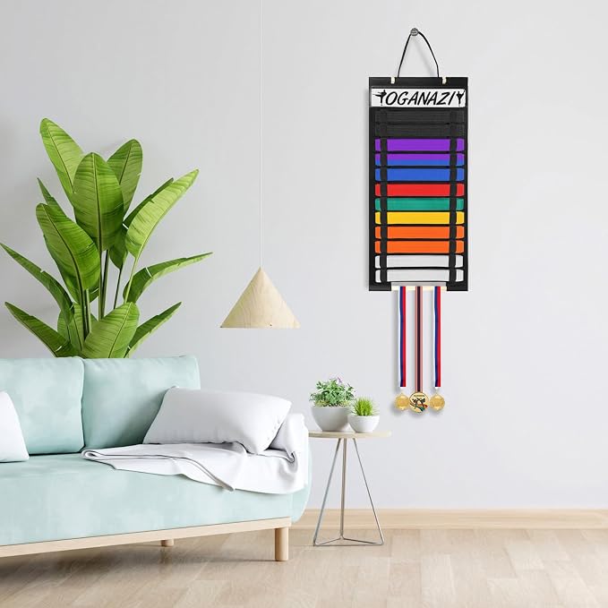 12 Belts Karate Belt Display Rack with Personalized Stickers, Taekwondo Belt Display Holder with Bamboo Medal Rack, Felt Jiu Jitsu Belt Hanging Holder for Taekwondo, Karate, BJJ Learners