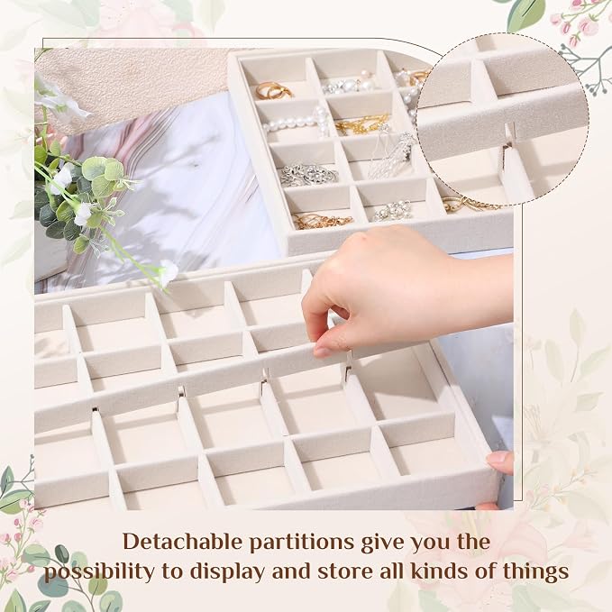 Unittype Set of 4 Stackable Jewelry Organizer Tray for Drawer Inserts Velvet Necklace Earring Bracelet Ring Holder Jewelry Display Storage Box for Bangle Stud Necklace Ring(24 Grid,Beige)