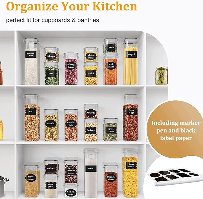 42 Pcs Airtight Food Storage Containers Set with Lids, BPA Free Clear Pantry Canisters for Kitchen Organization, Plastic Containers for Cereal, Dry Food & Sugar, Includes 50 Labels