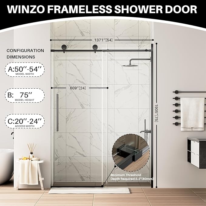 WinZo Frameless Shower Door 50-54 in W x 75 in H, Sliding Shower Door with 5/16"(8mm) Clear Tempered Glass Shower Doors, Easy to Clean Bathroom, Silent Soft-Close Design, Matte Black