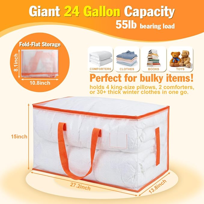 KYODOLED 2-Pack Clear Moving Bags Heavy Duty Extra Large, Storage Totes with Reinforced Handles & Label Pocket, Transparent Packing Containers for College Dorm, Clothes, Bedding, Home Organization