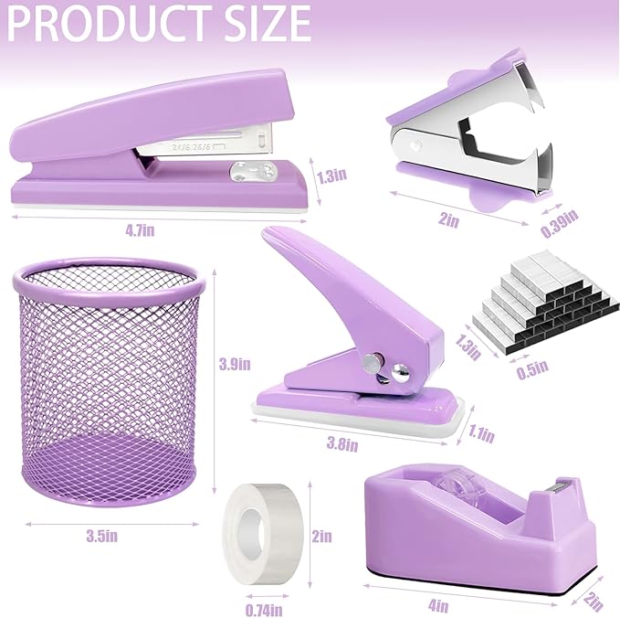 16Pcs Purple Desk Accessories- Purple Office Supplies with Stapler, Tape Dispenser, Pen Holder, Staple Remover, Hole Punch, Paper Clips, Pens, Cute Desk Set for Office Home School Women Students Gift