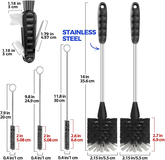 Holikme 6 Pack Bottle Brush 14" Stainless Steel Straw Cleaner Brush,Black | Bottle Cleaner Brush, 3 Straw, Bottle Cleaning Brush for Water Bottle, Baby Bottle Brush, Antistatic Brushes
