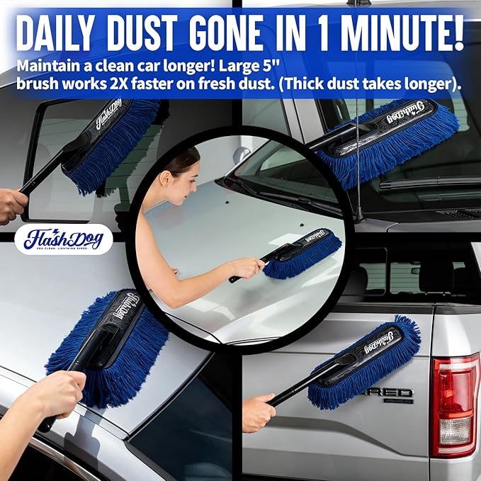 Flash Dog Car Duster Exterior - 25" Wood Handle Wax Cotton Hair Scratch Free Cleaning for Cars/SUV/Truck/RV Roofs & Windshields | Waterless Dust & Pollen Remover