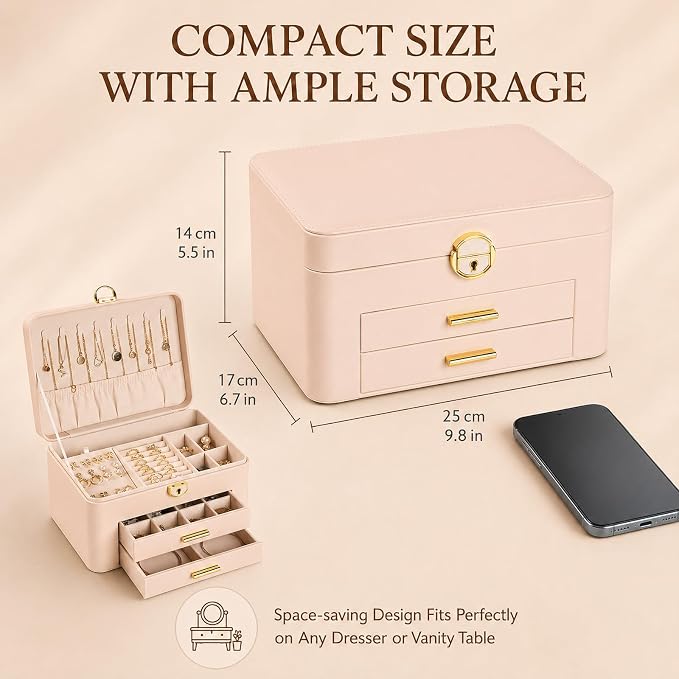 Jewelry Box for Women, Large Dresser Top Organizer with 3 Layers & 2 Drawers, PU Leather Storage Case for Earrings, Necklaces, Rings, Giftable Vanity Box (Cream white)
