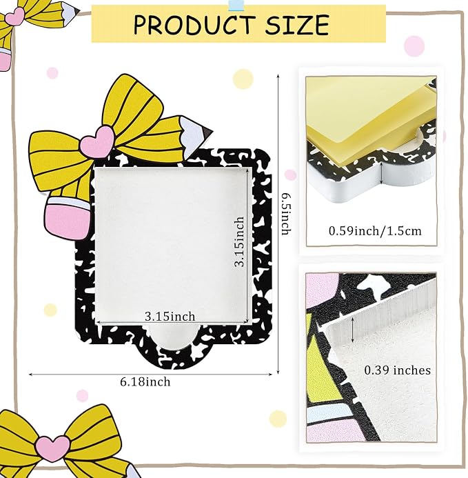 Back to School Sticky Note Holder Pencil Bow Sticky Note Dispenser 3 x 3 Notepads Wood Cow Print Self Stick Memo Pad Holder for Home Office Classroom Teacher Gift, No Pads Included