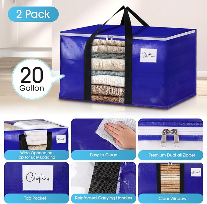BlissTotes 2 Pack Moving Bags with Clear Window, Storage Bags with Strong Carrying Handles & Zippers,Large Packing Bags for Saving Space, Alternative to Moving Boxes(Blue,20 Gallon)