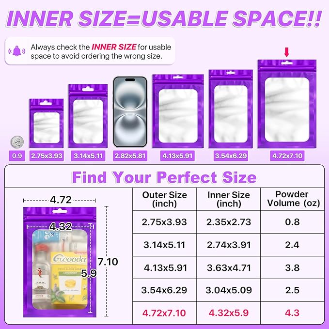 100 PCS Resealable Mylar Bags with Zipper and Frosted Clear Window Packaging Bags Foil Pouch Zipper Bag for Food Self Sealing Storage Supplies (Purple, 4.72x7.1)