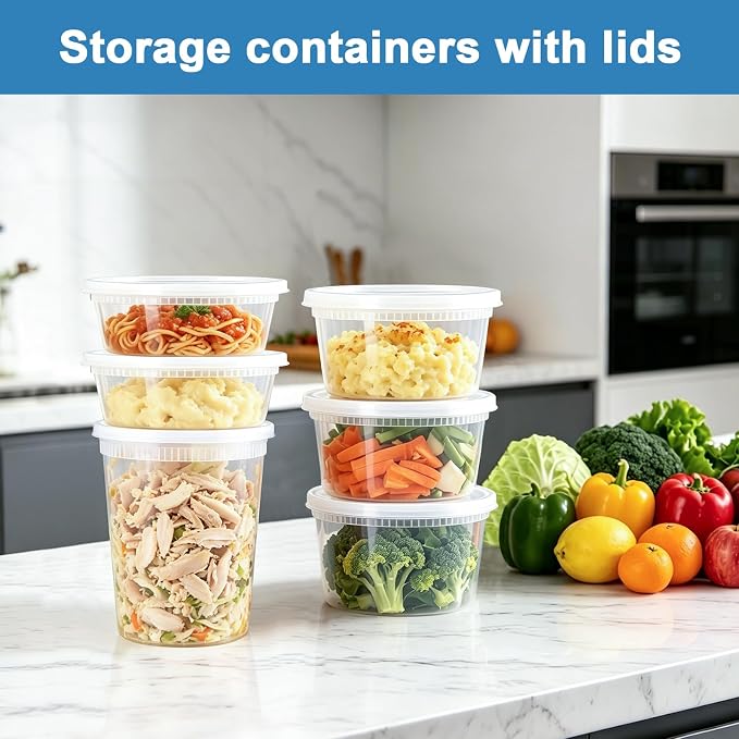 Lamosi 60 Sets Deli Containers With Lids, 8/16/32 oz Quart Containers | BPA Free, Airtight Plastic Food Storage Container, Stackable Leakproof Microwave & Freezer Safe For Soup, Sauce & Leftover