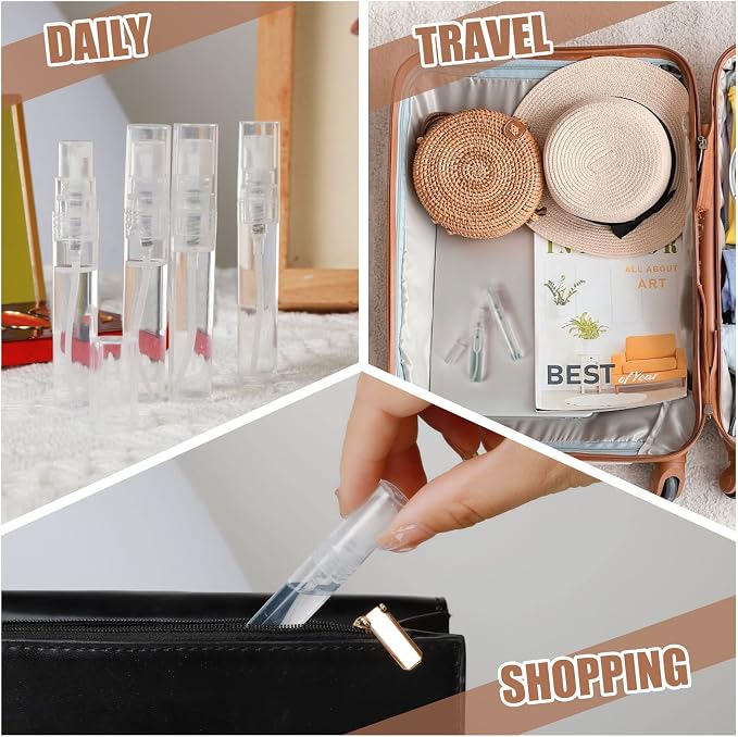 Fandamei 60PCS 5ml Mini Spray Bottle, Mini Clear Plastic Spray Bottle Empty, Fine Mist Refillable Mini Perfume Bottle, Perfume Atomizer, Small Empty Sample Containers, Plastic Portable Travel Bottle