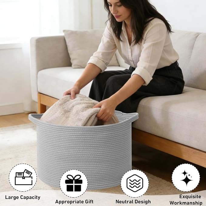 115L Extra Large Blanket Basket,Woven Rope Laundry Basket Hamper with Handles, Decorative Nursery Basket Storage Bin for Toys, Clothes Organizer, Living Room, Bedroom, Bathroom, Light Grey