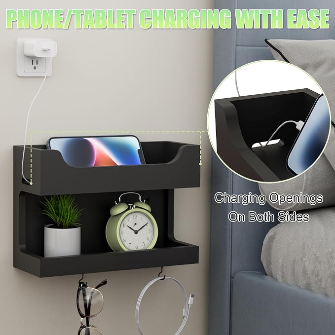 NiHome Bedside Wall Shelf, Wood Organizer, Magnetic Hooks, 2 Tier, Black | Double Layer Tray For Dorm Bedroom, Cable Holes, No Drill Mount RV Wall Caddy, Holds Phone Glasses Remote Clock