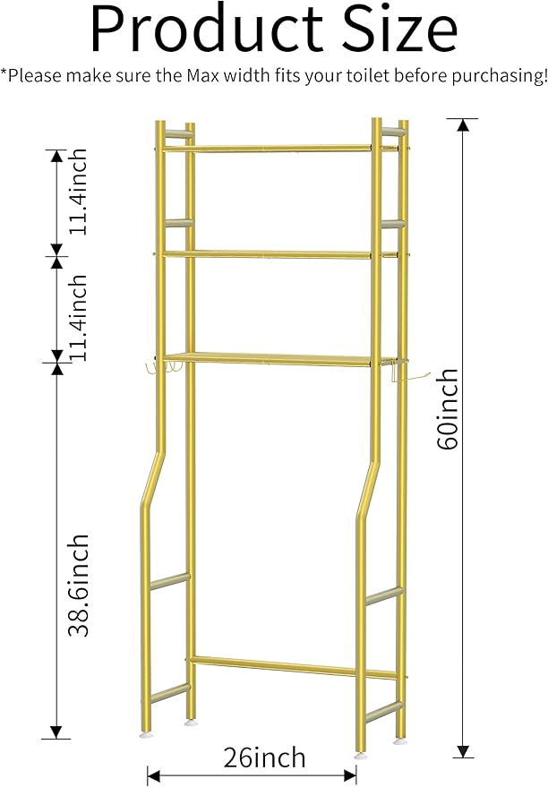 3-Tier Over The Toilet Storage, Freestanding Metal Bathroom Organizer with 4 Hooks & Anti-Tilt Kits, Heavy Duty Space Saver Shelf for Bathroom/Kitchen/Living Room, Gold