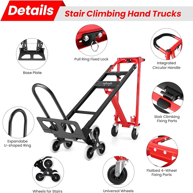 3 in 1 Convertible Hand Truck, 1000LBS Heavy Duty Aluminum Stair Climbing Dolly, Folding Hand Truck Dolly Cart with Solid Wheels for Moving/Travel/Office (Red)