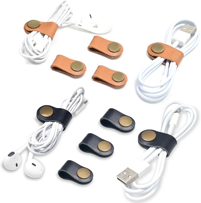 CAILLU Cord Organizer,Cord Keeper,Cable Organizer USB Holder,Cable Straps,Earbud case,wrap Headphone,Headset Winder,Earphone Clips Ties,stocking stuffers for men Gifts Leather (Brown/Black)