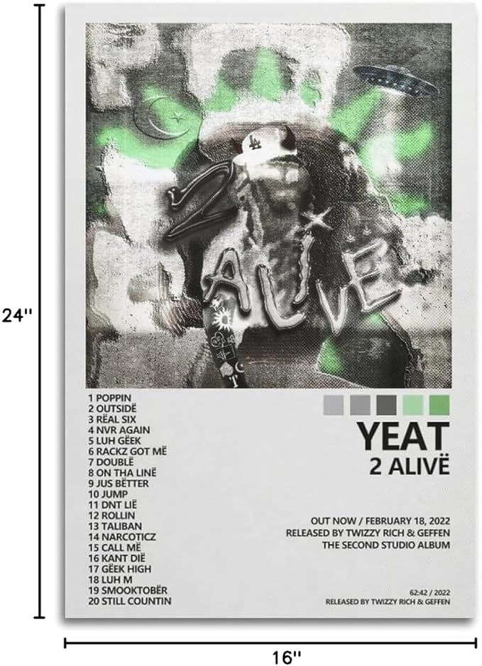 Yeat Poster 2 Alive Album Cover Poster Office Room Aesthetic Decoration Painting Canvas Wall Art Bedroom Painting Decoration Gift 16x24inch(40x60cm) Unframe-style