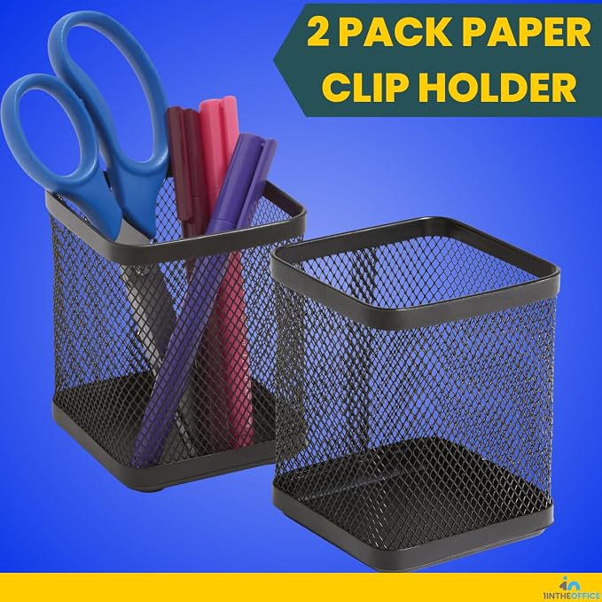 1InTheOffice Pen Cup Holder, Metal Mesh Pencil Cup Holder, Stackable Wire Mesh Regular Pencil Holder, Matte Black 2 Pack