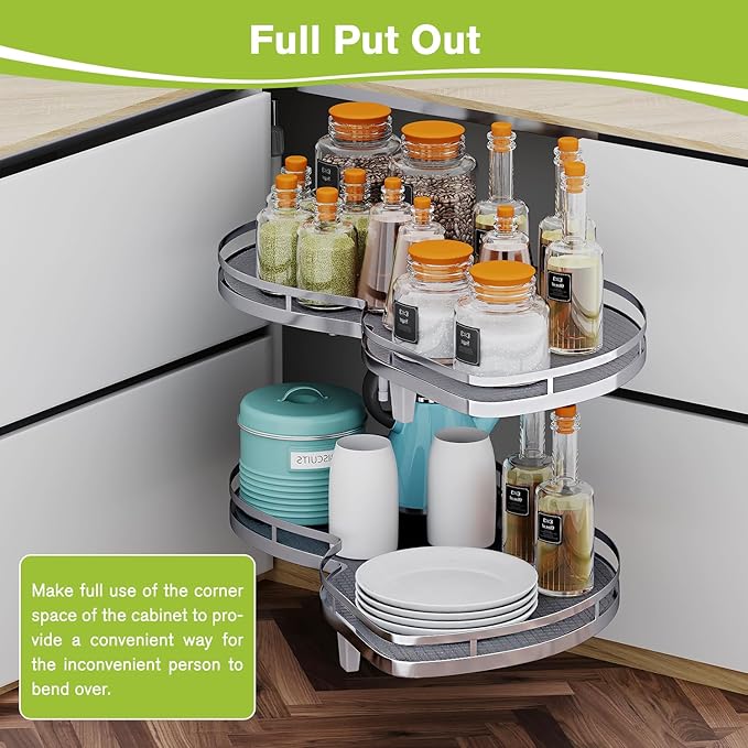 Blind Corner Cabinet Pull Out Organizer, Soft Close Swing Right Pull Out Cabinet Organizer 30inch, Corner Cabinet Lazy Susan for Blind Shelf, 2 Tiers Tray, Adjustable Height