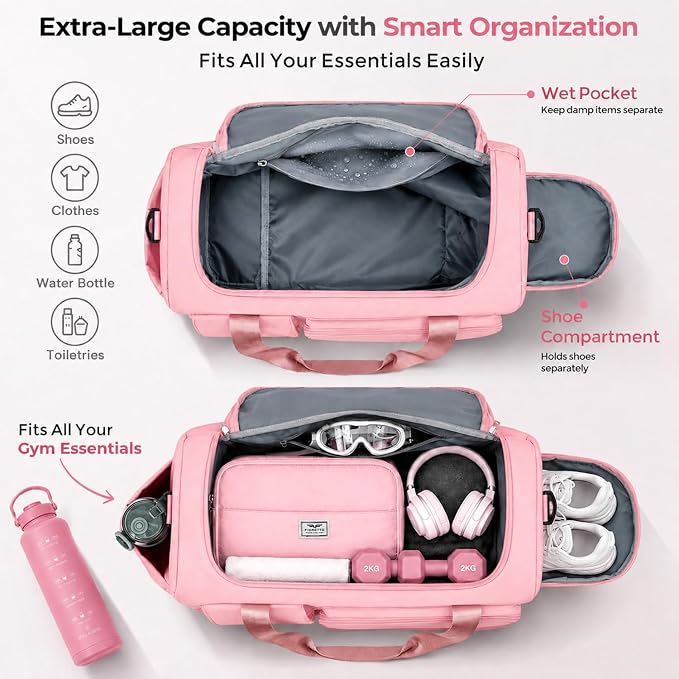 FIORETTO Women's Gym Duffle Bag with Shoes Compartment, 30L Capacity, Ideal for Travel, Gym, Sports, Duffel, Weekender