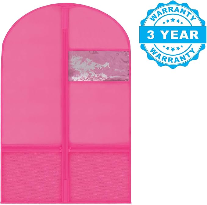 Plixio Garment Bags for Kids Dance Costumes with, Pink: 36" x 23" Window | Zippered Mesh Pockets for Shoes and Accessory Storage for Girls Dress, Recital Outfit with Zippered Mesh Pockets