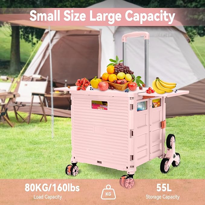 Foldable Utility Cart Portable Crate Rolling Dolly with Telescopic Handle,Can be Pulled diagonally, Magnetic Retractable Lid, 360°Swivel Climbing Wheels for Shopping Carrying Groceries Move Pink