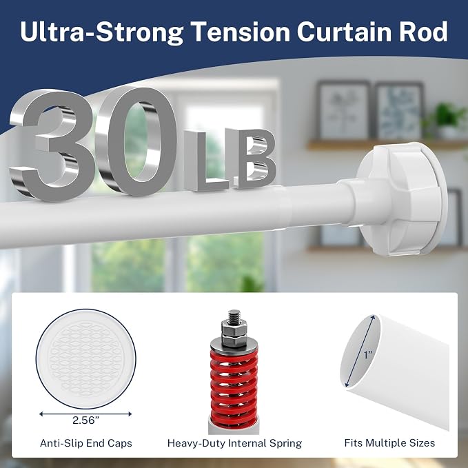 Heavy Duty Tension Shower Curtain Rod 48-94 Inch White | Rustproof Steel, Drill-Free Mount, Adjustable Rods for Bathroom Sliding Door Patio Living Room, Non-Slip No-Tools Install