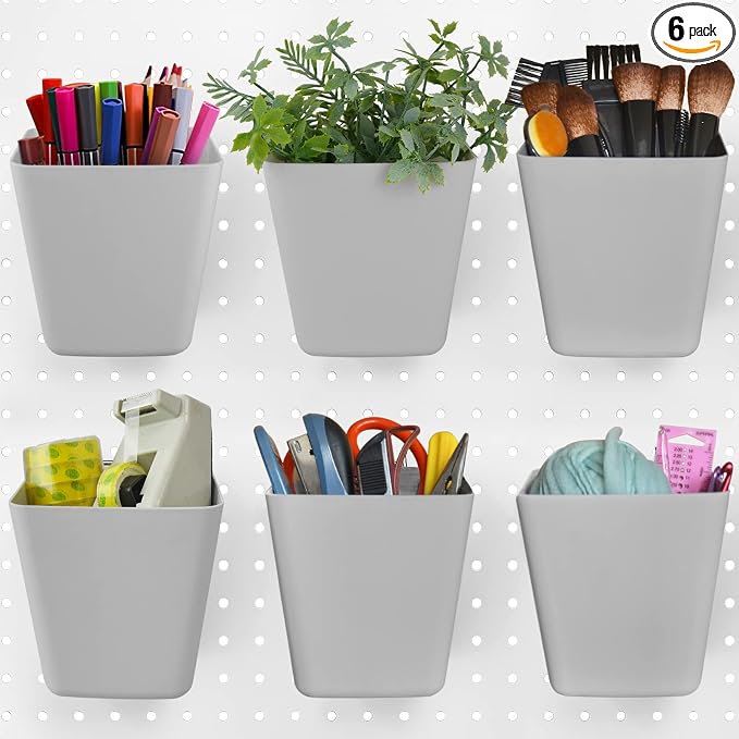 Large Pegboard Cups, 6Pack Peg Board Square Storage Bins With Hooks (Grey) | Big Open-Mouth Cups, 1/8" 1/4" Pegboard Organizer Accessories, Cup Holder for Craft Garage Workbench Office Tools Supplies