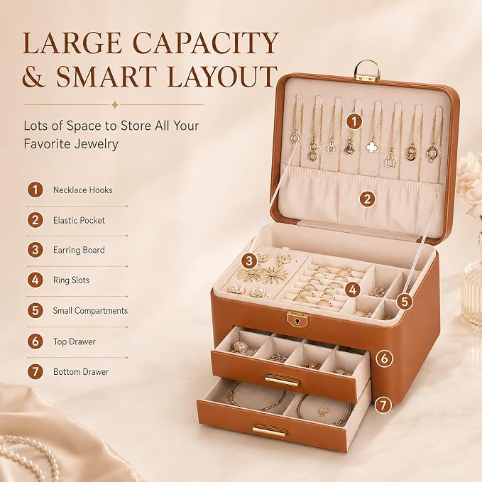 Jewelry Box for Women, Large Dresser Top Organizer with 3 Layers & 2 Drawers, PU Leather Storage Case for Earrings, Necklaces, Rings, Giftable Vanity Box (brown)