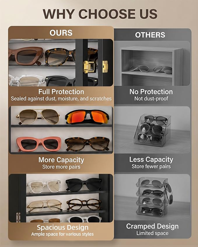 TJ.MOREE Sunglass Organizer Wall Mounted Glasses Holder Display Case 5 Tier | 13 x 15 inches Wooden Storage Box for Multiple Pairs Eyeglasses Sports Sunglasses