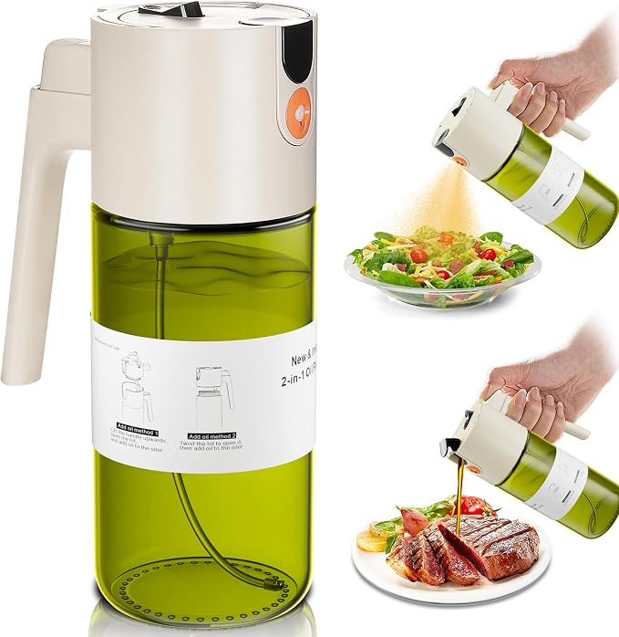 Olive Oil Sprayer & Dispenser Bottle for Cooking 17oz Dark Glass Oil Mister | 2-in-1 Sprayer & Pourer, Leakproof, Fine mist, Light-Blocking, Wide Mouth for Easy Refill & Clean, 8 Oil Labels, Reusable