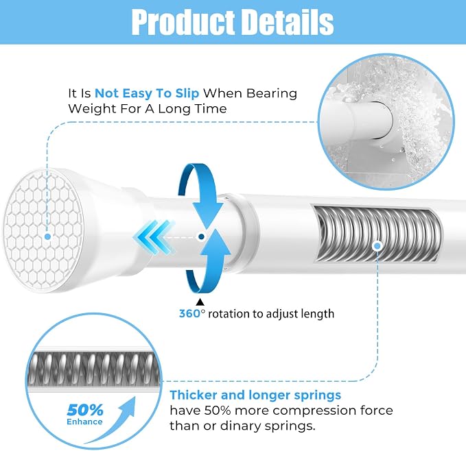 2Pcs Tension Curtain Rods for Windows 28 to 48 Inch, 7/8“ Diameter Spring Loaded Curtain Rod Adjustable Small Curtain Rods No Drilling Tension Rod for Door, Bathroom, Kitchen, White