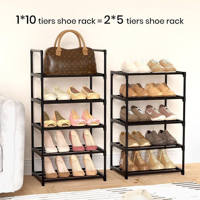 Narrow Shoe Rack 10 Tiers Tall Shoe Rack for Entryway Closet 20 24 Pairs Shoe & Boots Organizer Storage Shelf Durable Black Metal Stackable Shoe Cabinet with Hooks, 17.1D x 11.8W x 78.7H in