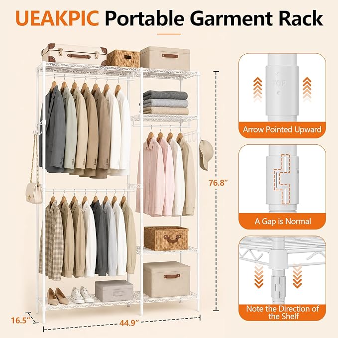 Heavy Duty Clothes Rack, Portable Clothing Garment Rack for Hanging Clothes, Adjustable Storage Closet with Wire Shelves and Hanging Rods, Freestanding Closet Organizer, Max Load 700Lbs, White