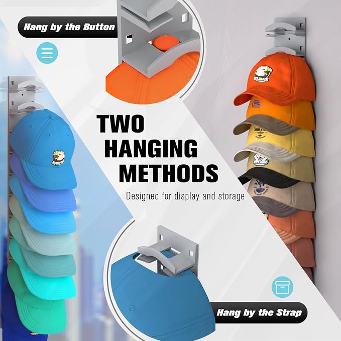 Hat Organizer for Baseball Caps, Hat Rack for Wall with Strong Adhesive Hold up to 10 Hats, Hat Hanger Holder Display for Door Closet, Cap Organizer Storage Multilayer Two Mounting Option(Grey)