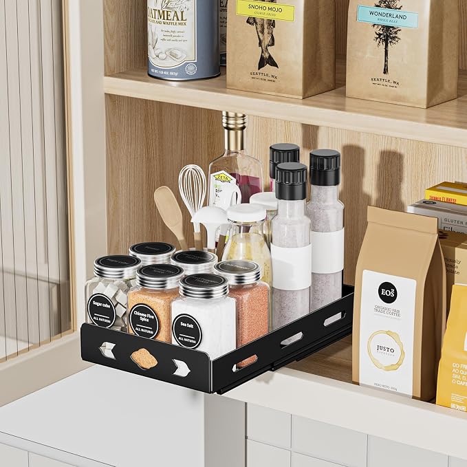 BOIVSHI Pull Out Spice Rack Organizer for Cabinet, Heavy Duty - Sliding Spice Rack, Vertical Spice Rack for Kitchen, Cabinet, Cupboard, Pantry (6.3''Wx10.5''Dx2.8''H, Metal Black)